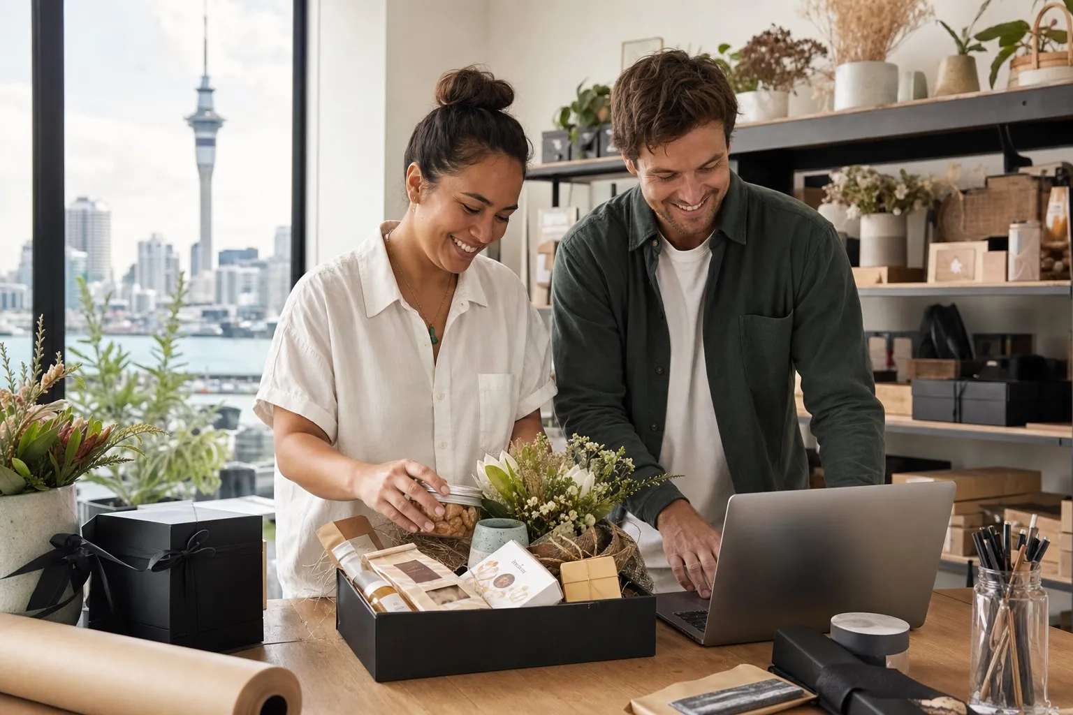 New Zealand ecommerce gifting team packing a premium gift box in an Auckland studio