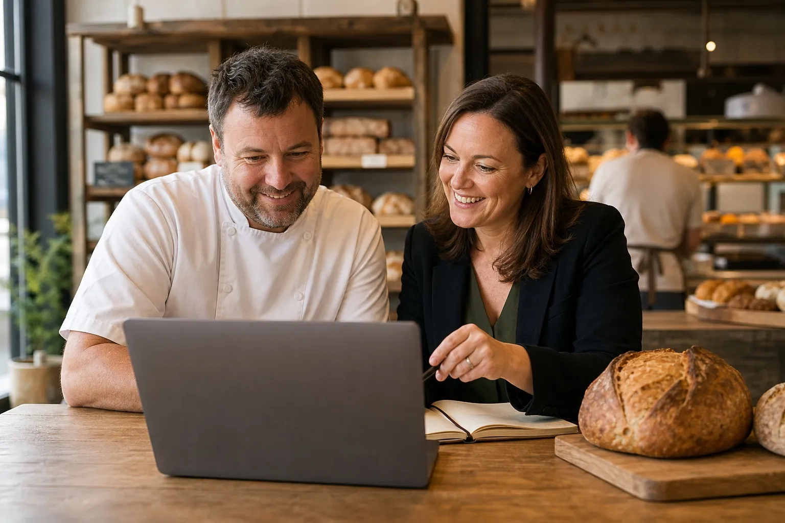 New Zealand bakery team reviewing a digital campaign in a working bakery