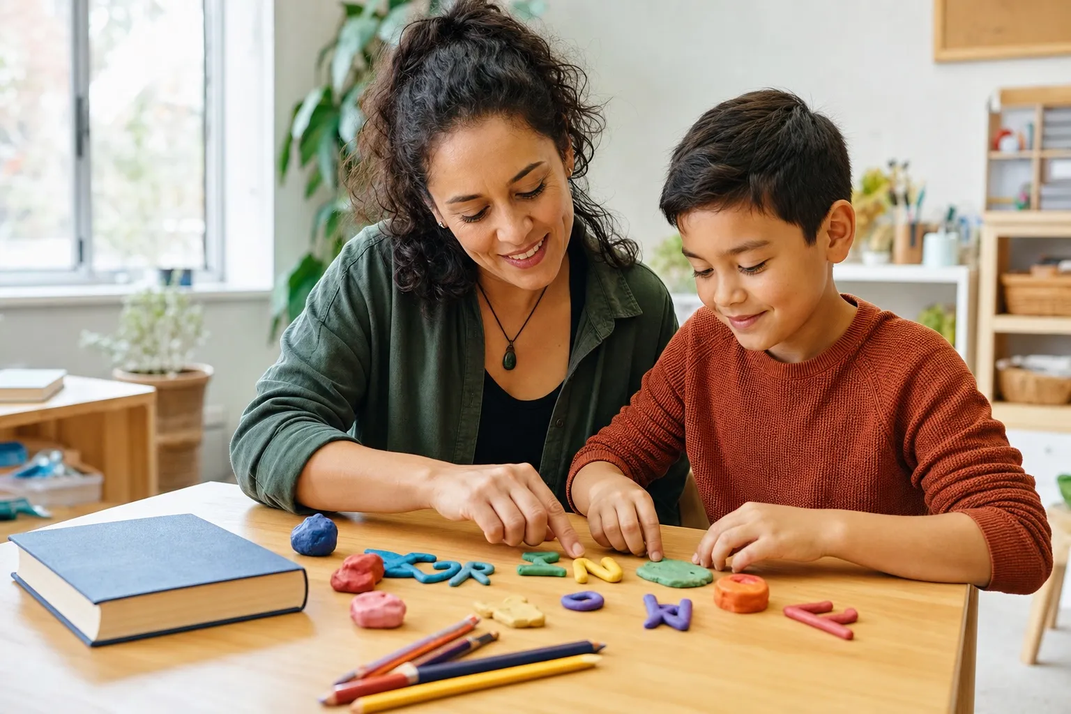 Davis learning facilitator working with a child using modelling clay for a hands-on symbol exercise