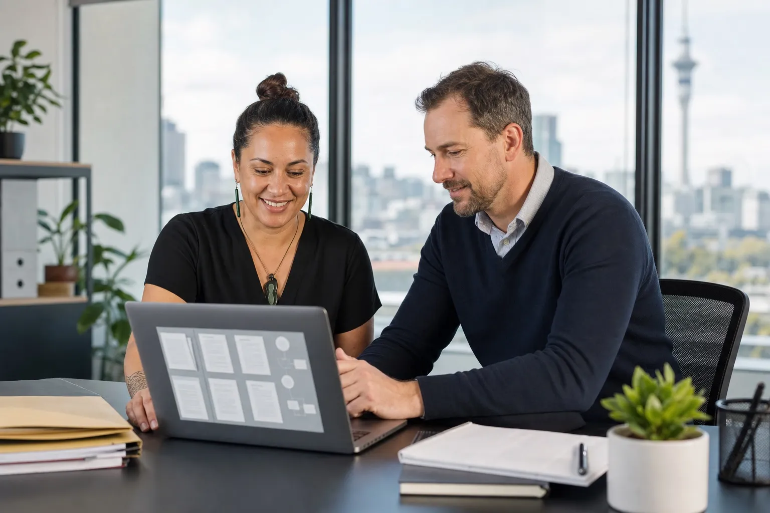New Zealand operations manager and consultant reviewing a digital document workflow in an Auckland office