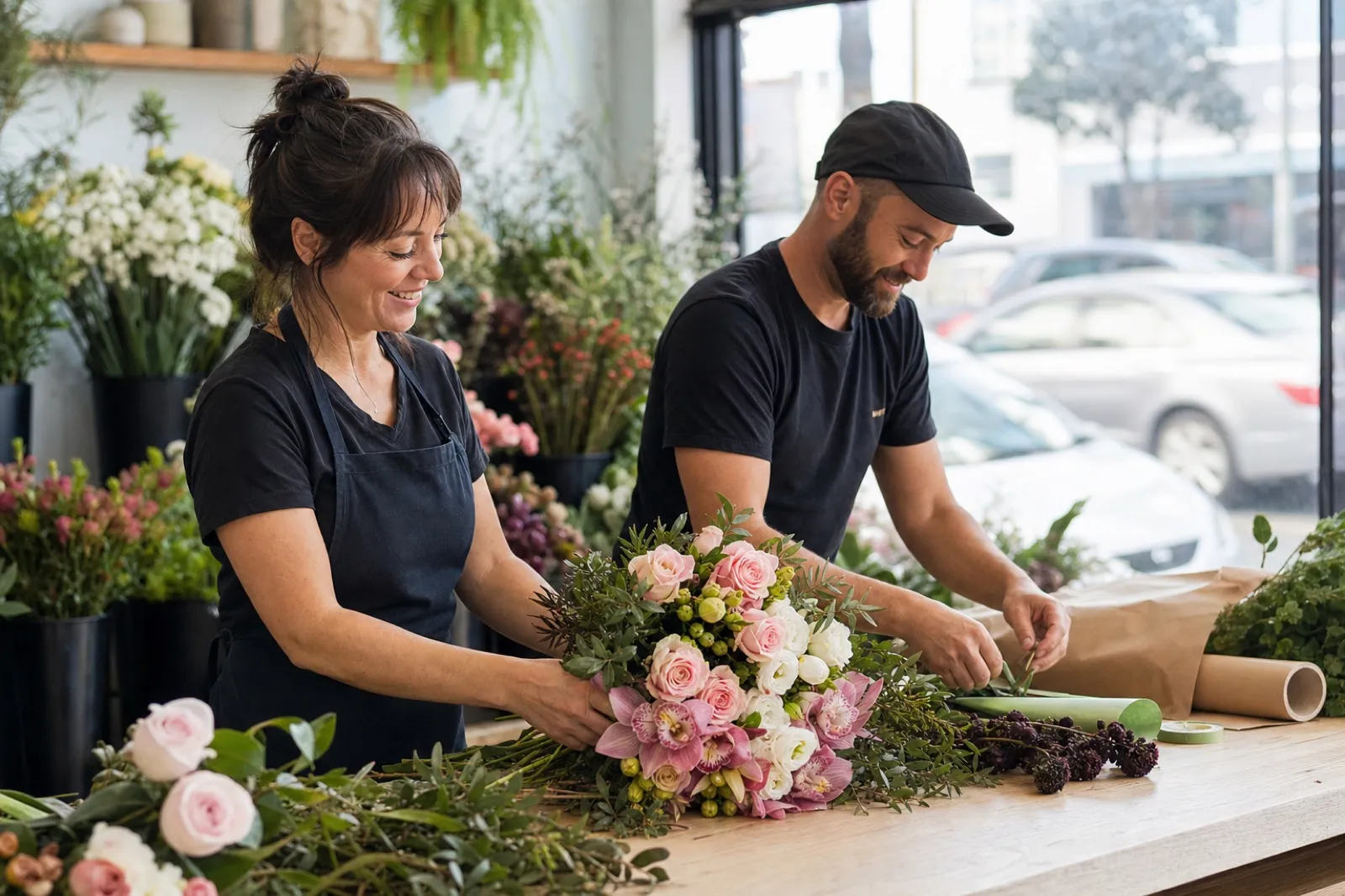 New Zealand florists preparing a premium flower arrangement in an Auckland studio
