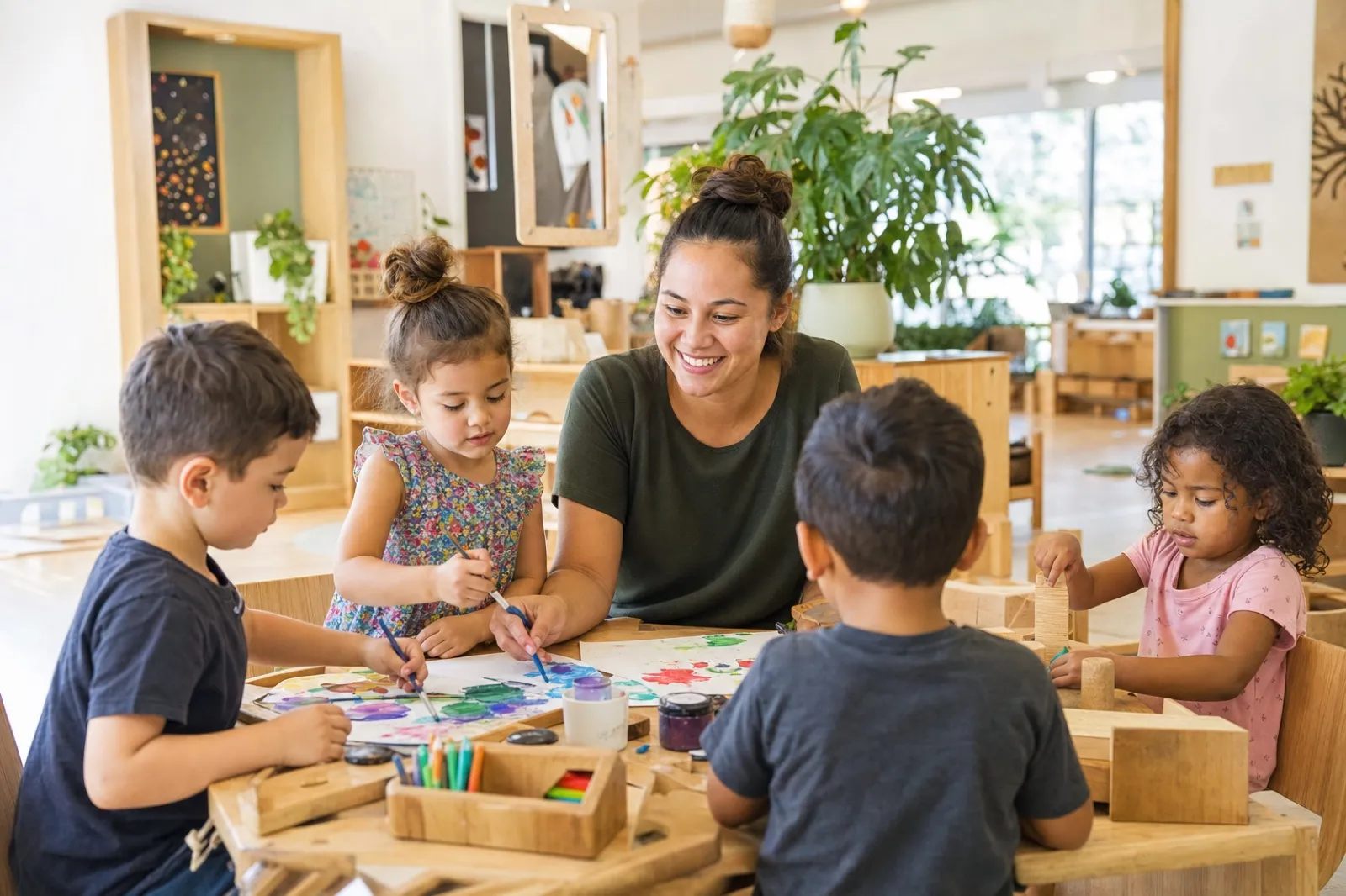 New Zealand early childhood educator painting with children in a warm early learning centre
