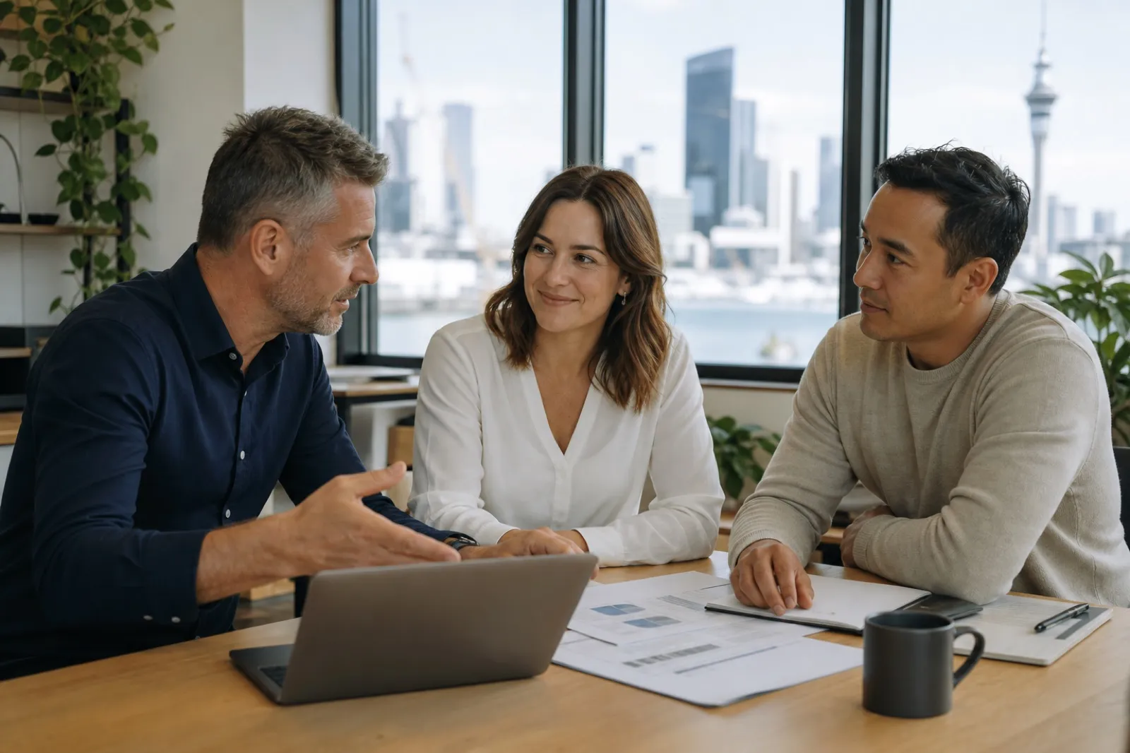 New Zealand insurance advisers discussing business growth in an Auckland meeting