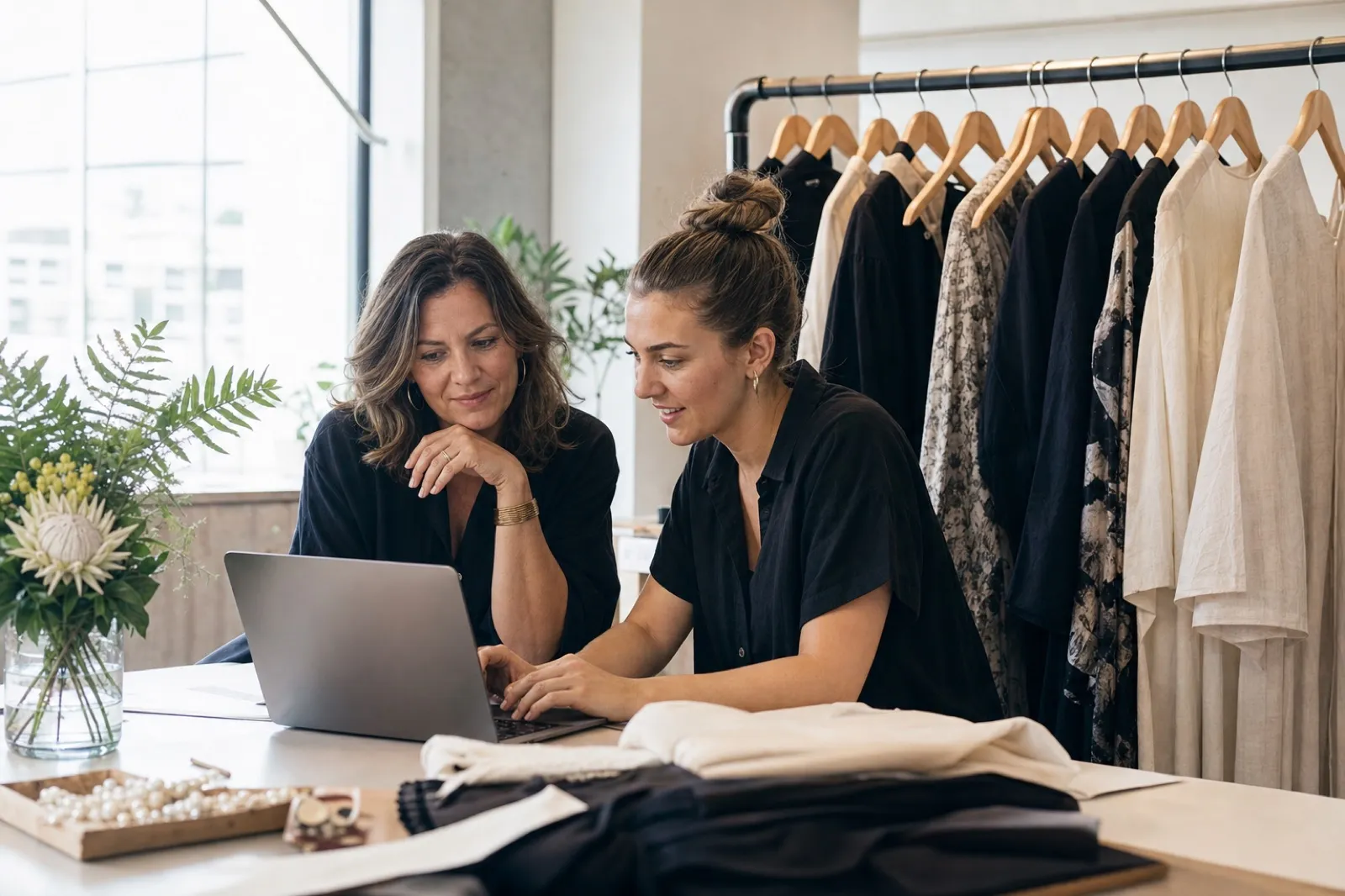 New Zealand fashion team reviewing an ecommerce collection in a clothing studio