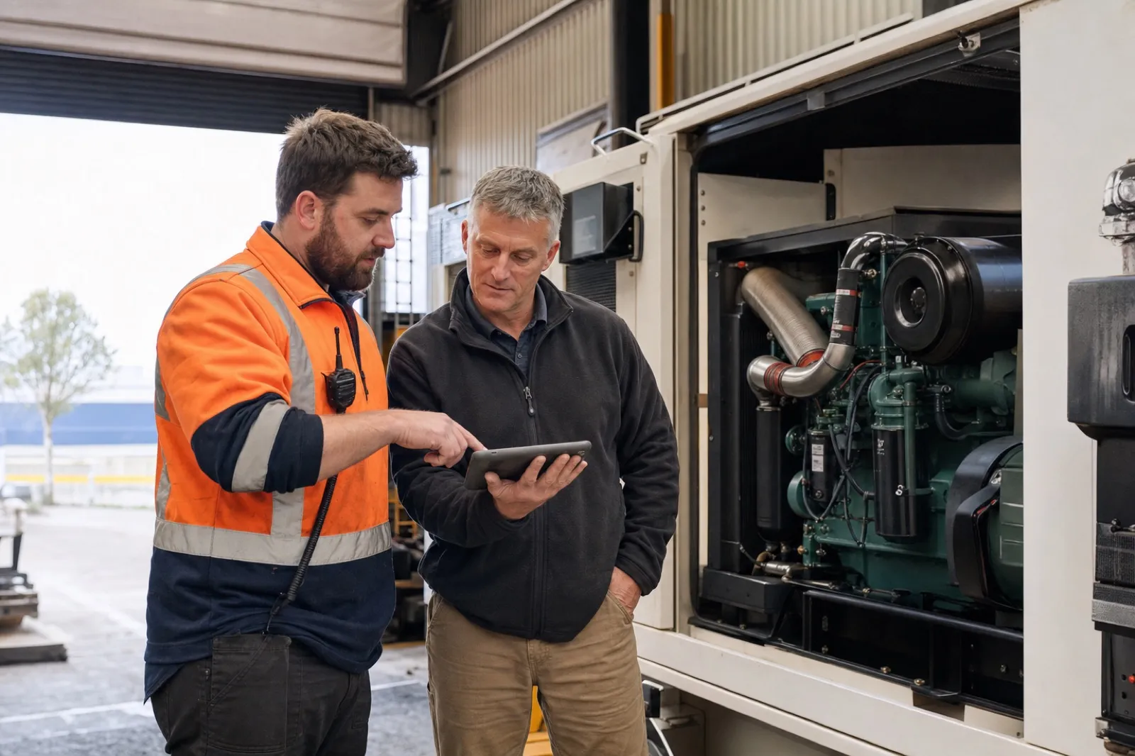 New Zealand power technician and customer reviewing a commercial generator