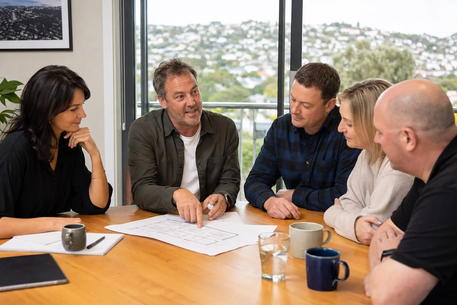 New Zealand property educator discussing a residential plan with investors