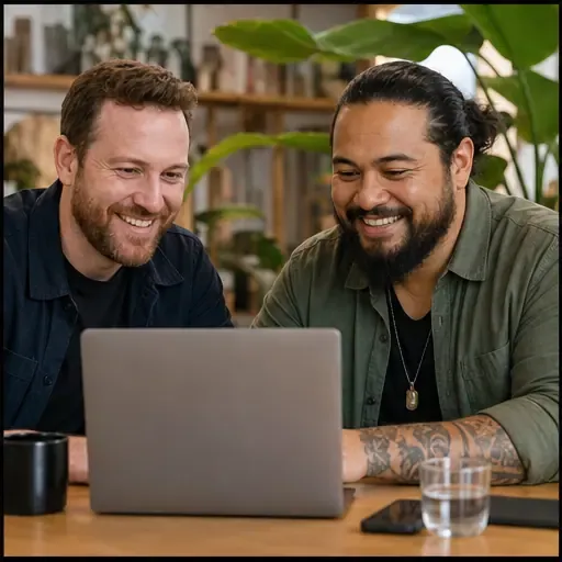 Two people reviewing a polished website together