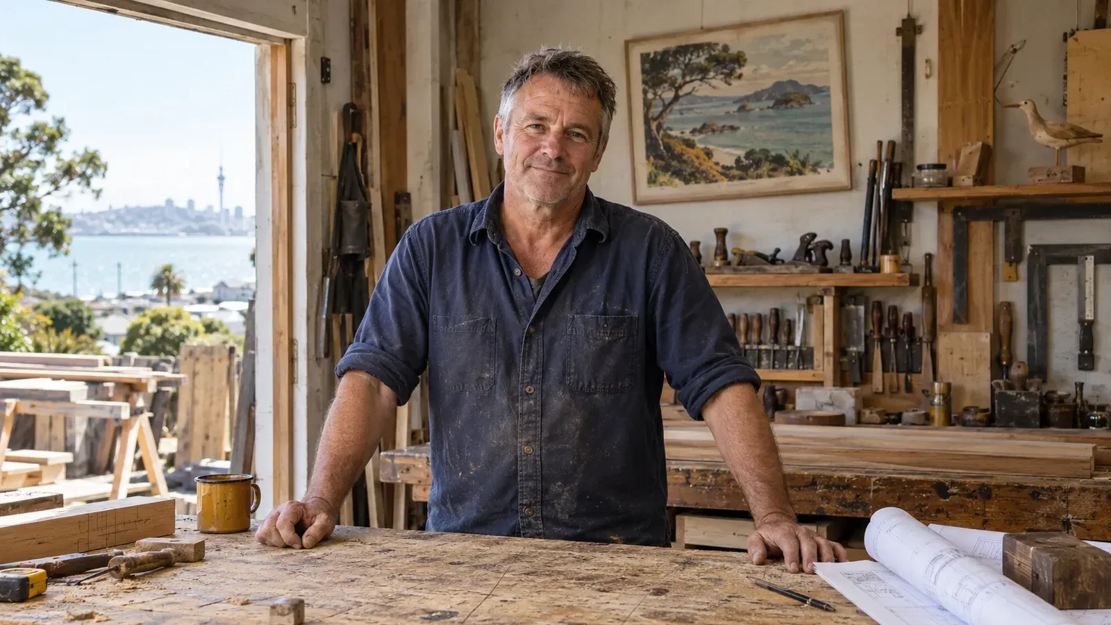 Illustrative scene of a tradie in a timber workshop with well-used tools and a coastal print