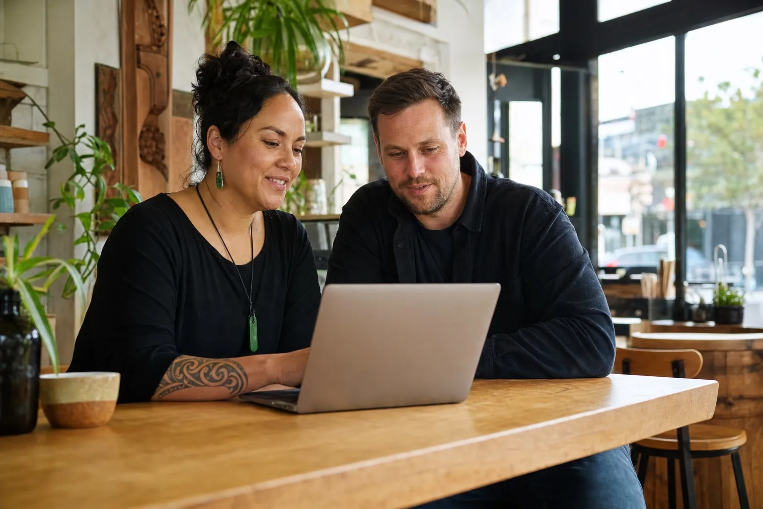 A Māori business owner and web consultant reviewing a laptop together in an Auckland cafe