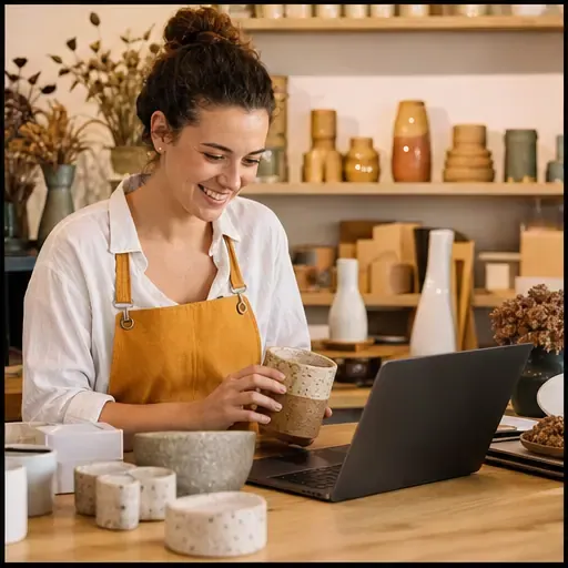 Independent retailer preparing products beside an online store