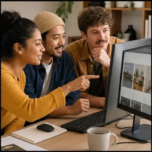 A New Zealand team collaborating around a computer screen