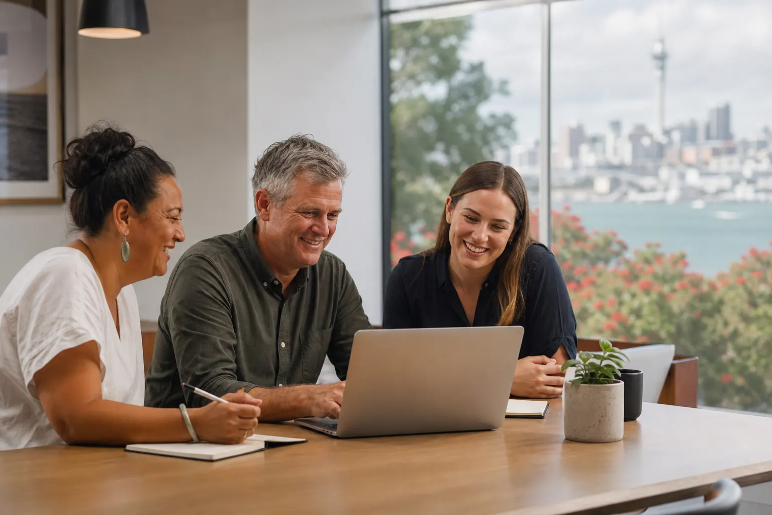 A New Zealand business team working together around software in an Auckland office