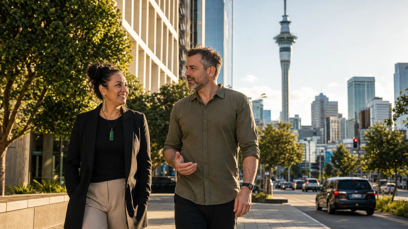 A Māori woman and a New Zealand man walking together in central Auckland with the Sky Tower behind them