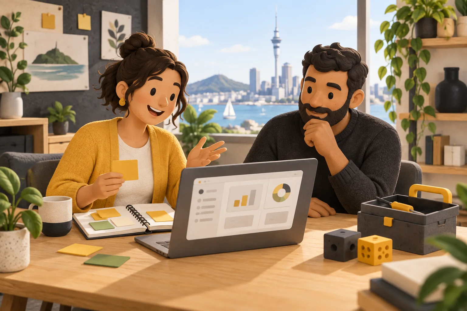 Illustration of two people planning a business tool together at a laptop overlooking Auckland