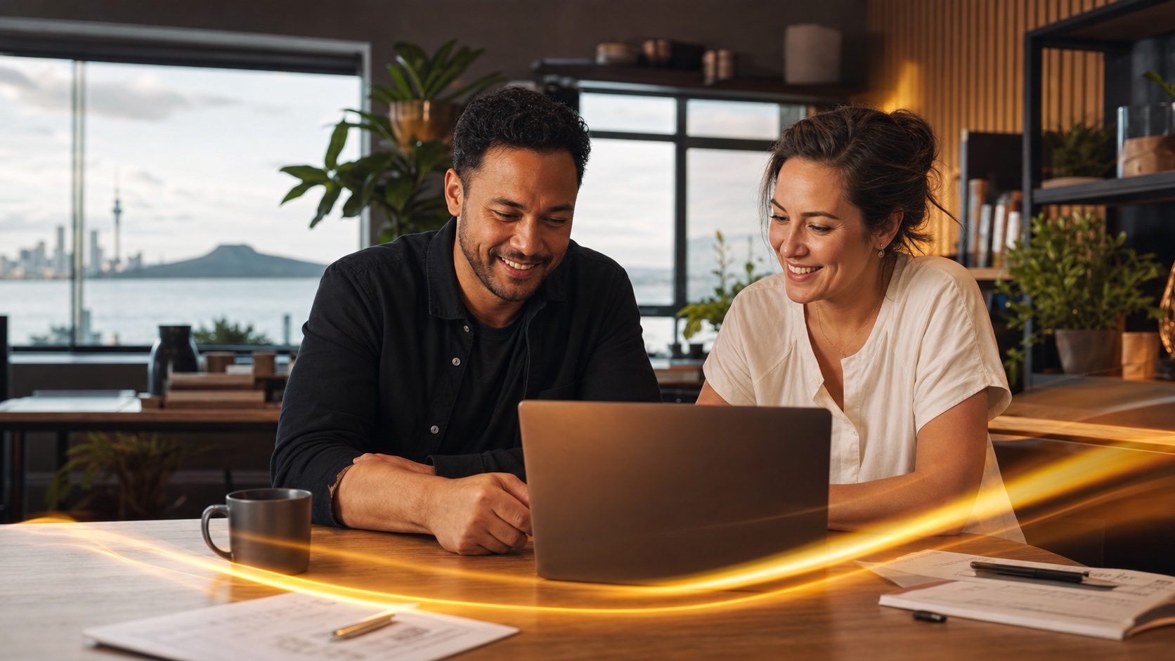 New Zealand business owners reviewing a smart website workflow together in an Auckland workspace