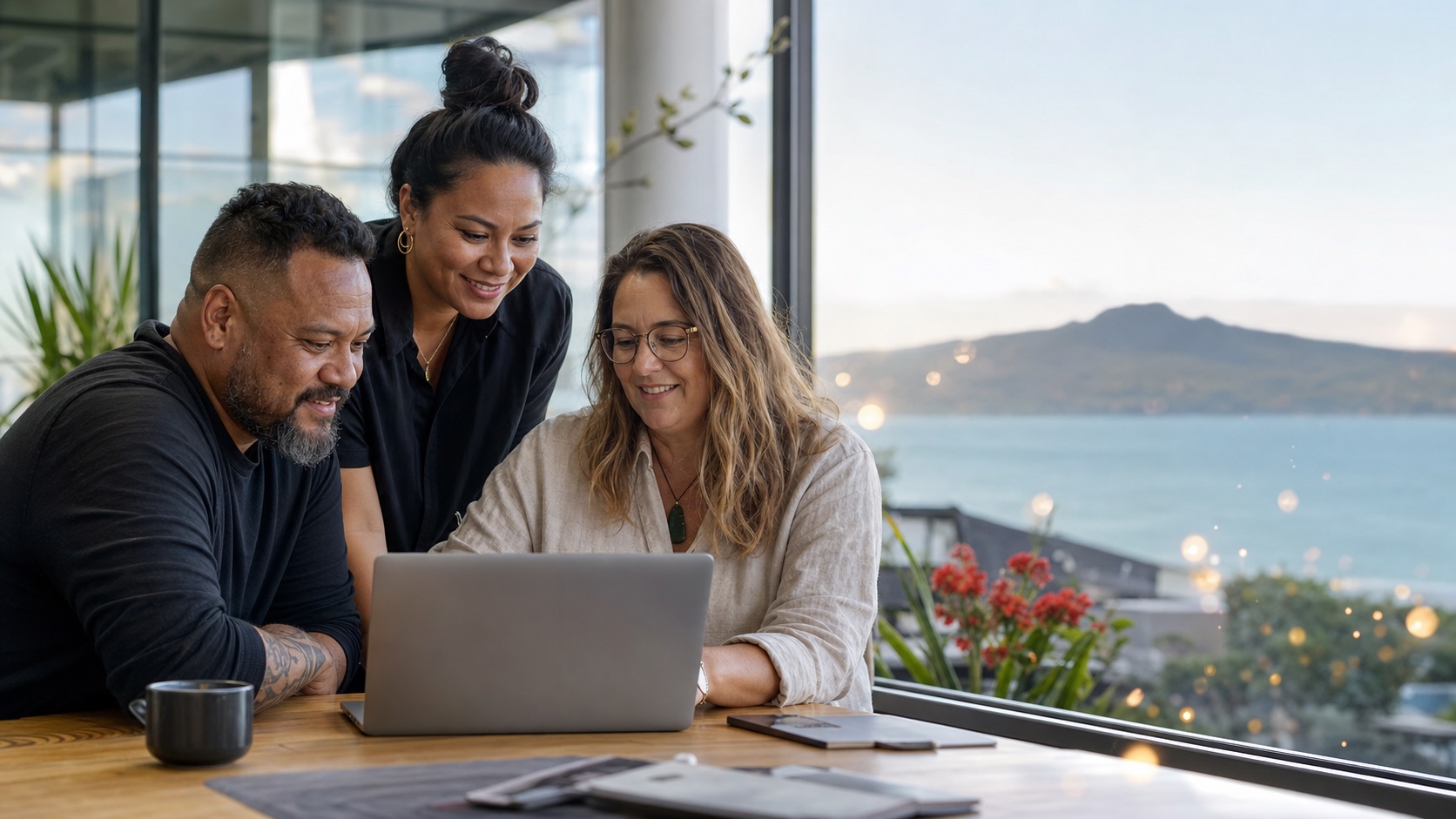 New Zealand business owners reviewing their website with Rangitoto and the Waitemata Harbour behind them