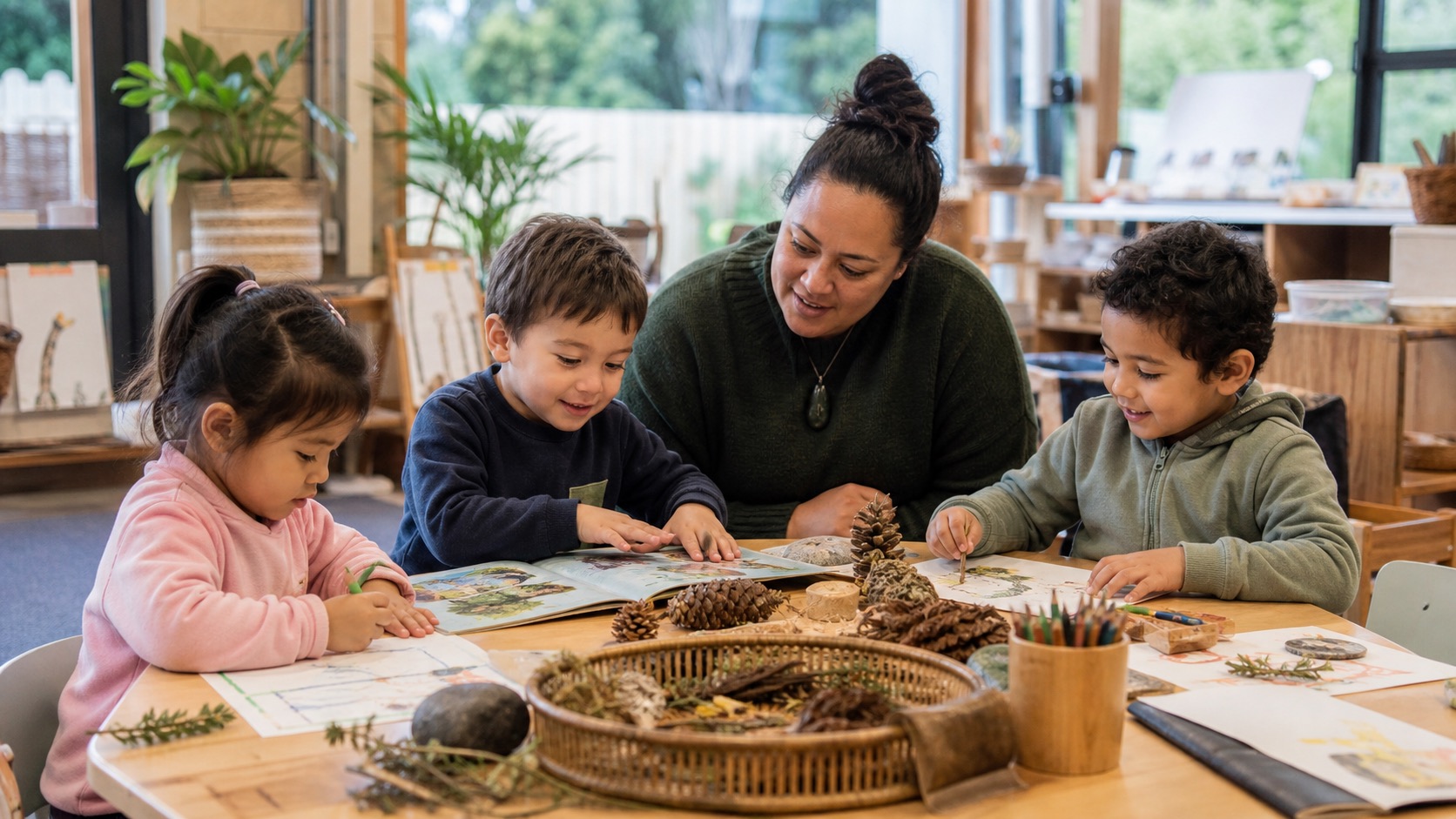 Early childhood teacher guiding children through a creative learning activity