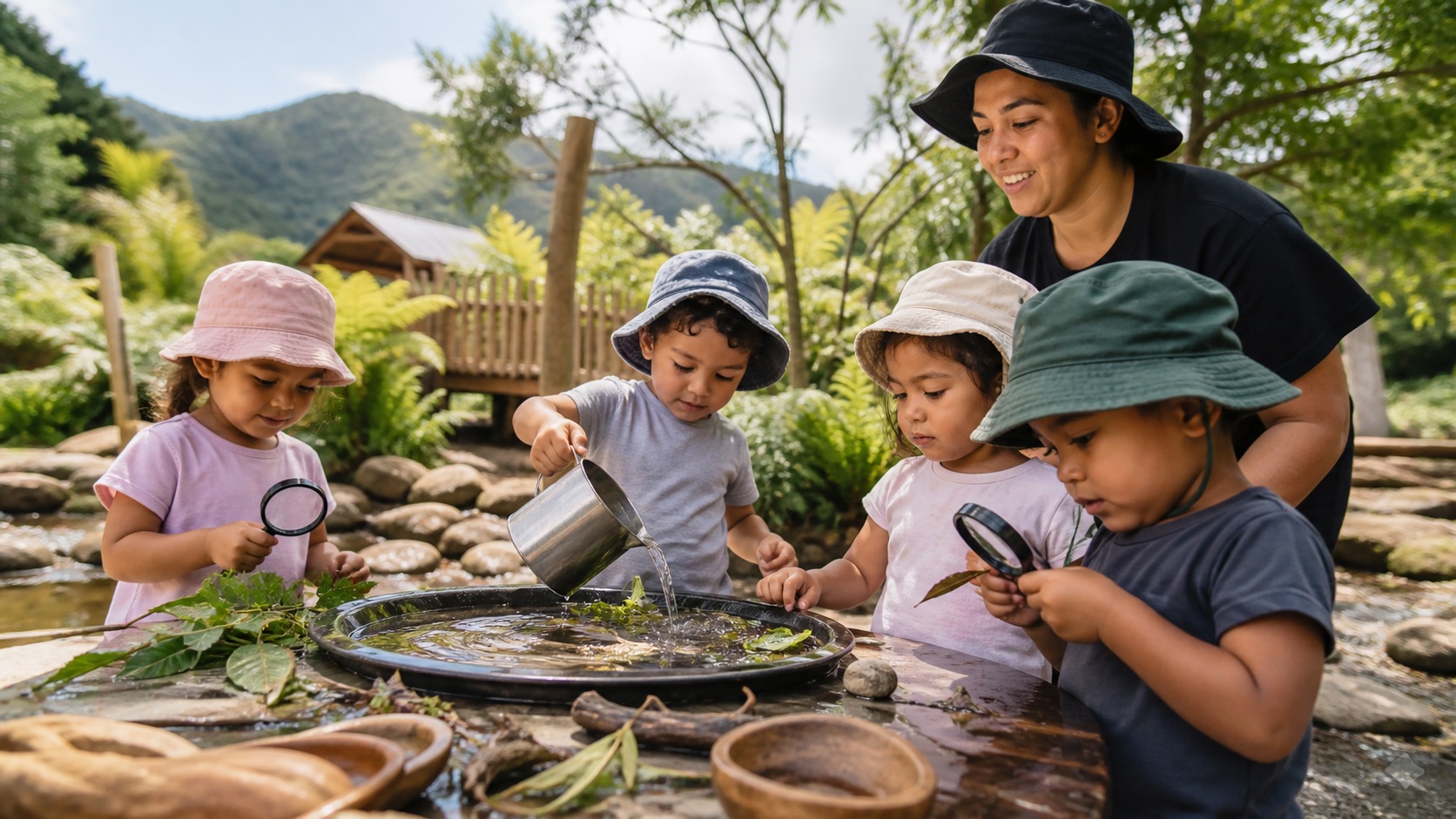 Children exploring outdoor learning in a New Zealand childcare centre garden