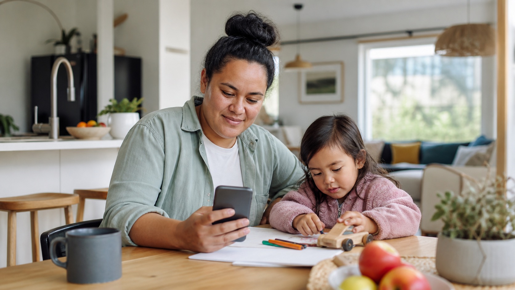 Parent and preschool child using a phone to explore childcare centre information