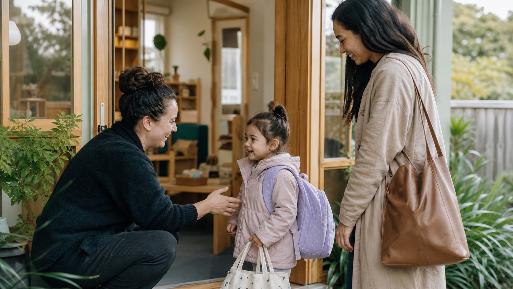 Parent and child being welcomed into a New Zealand early learning centre