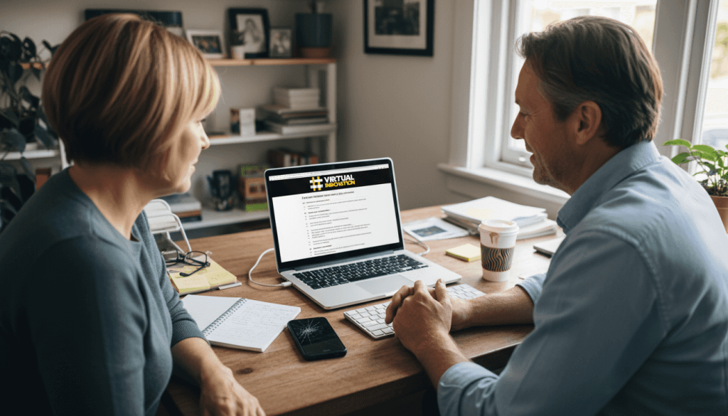 Small business owners reviewing website features