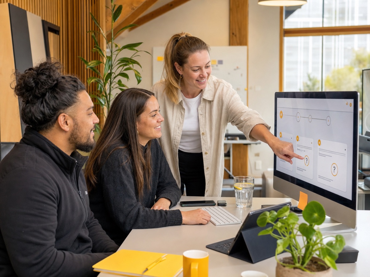 An Auckland team learning a custom CRM with in-app question marks and role-specific guidance