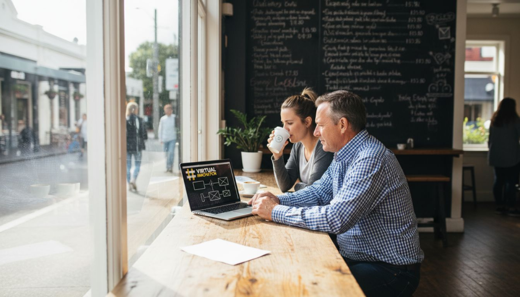 Small business and web developer café meeting