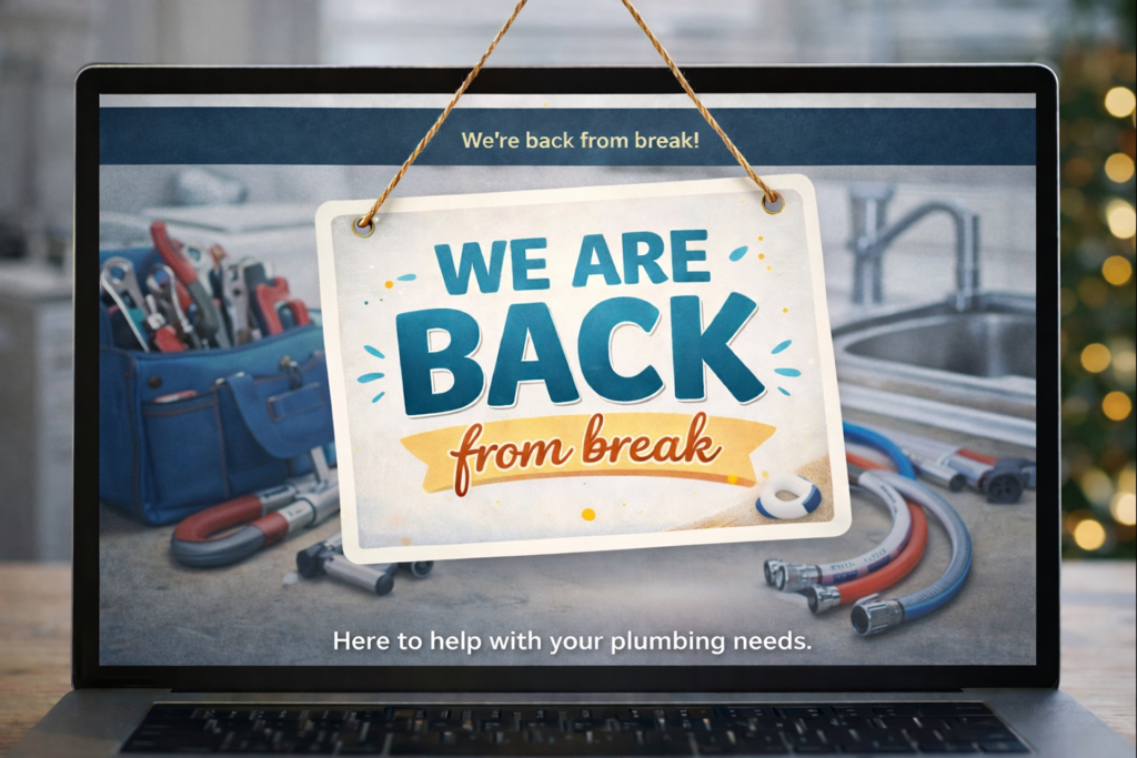 Relaxed post-holiday business message encouraging small website and CRM updates to ease back into work