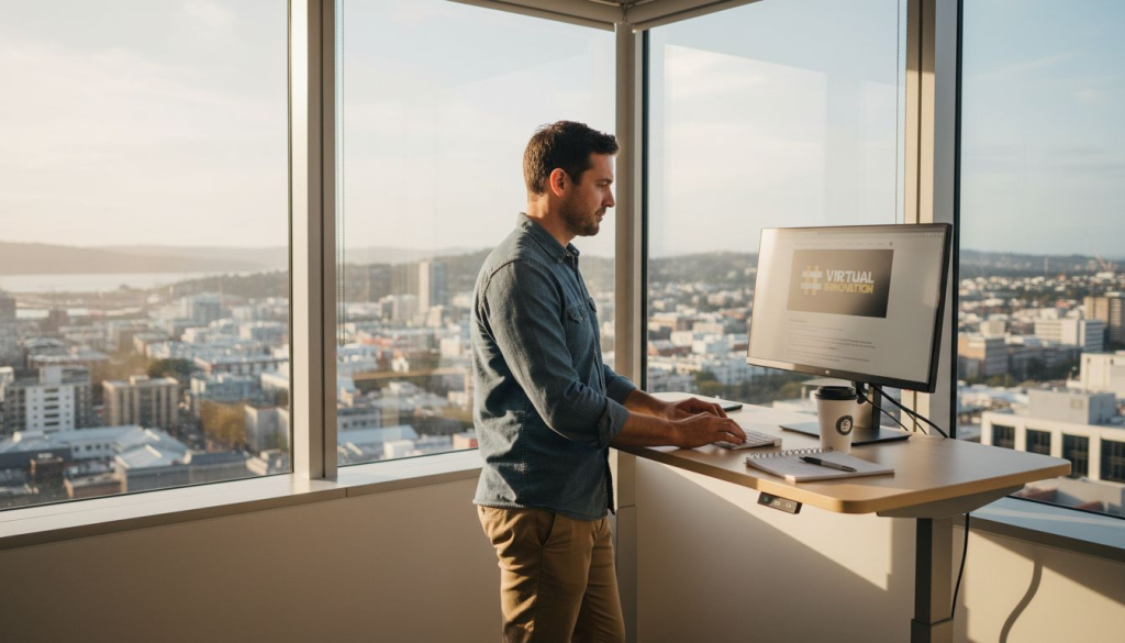 Business owner updating website in corner office