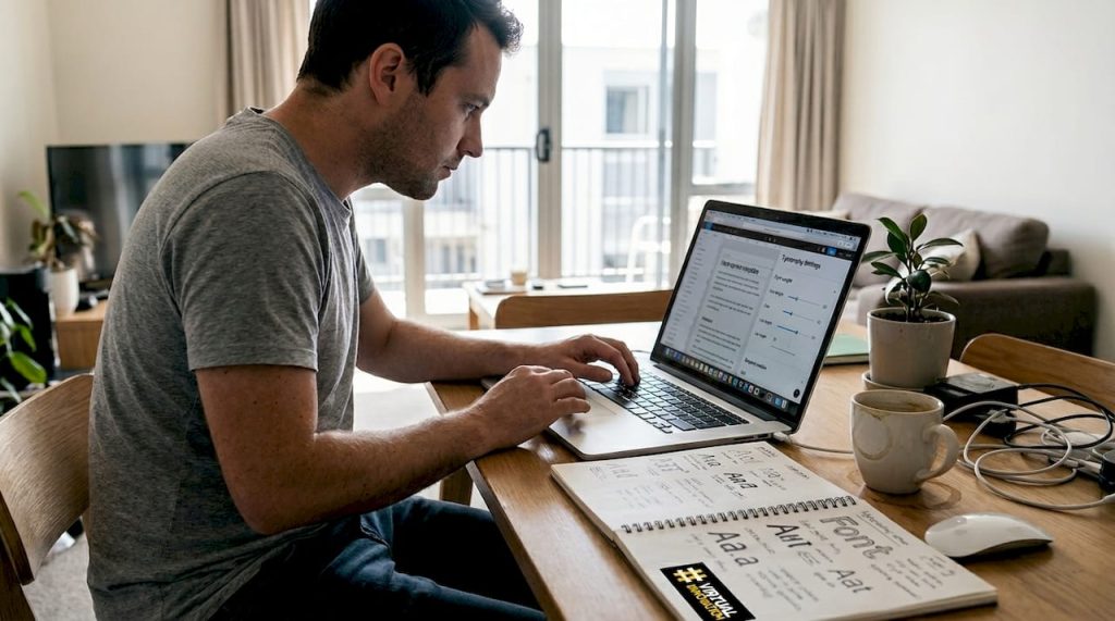 Web designer adjusting website typography at home