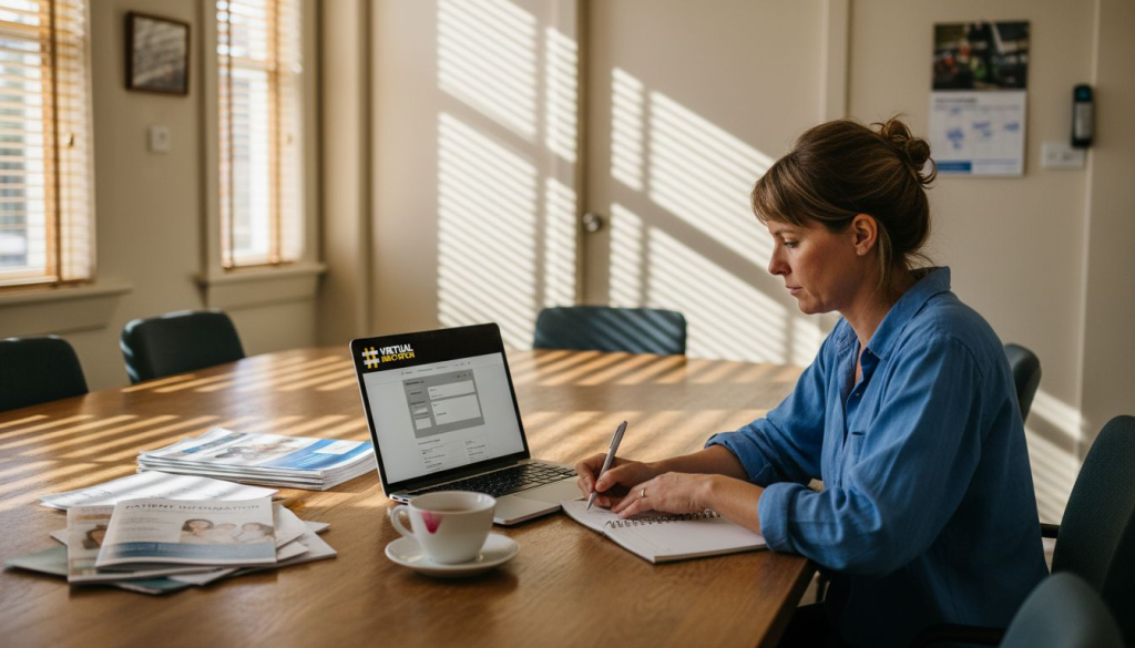Clinic website designer planning at conference table
