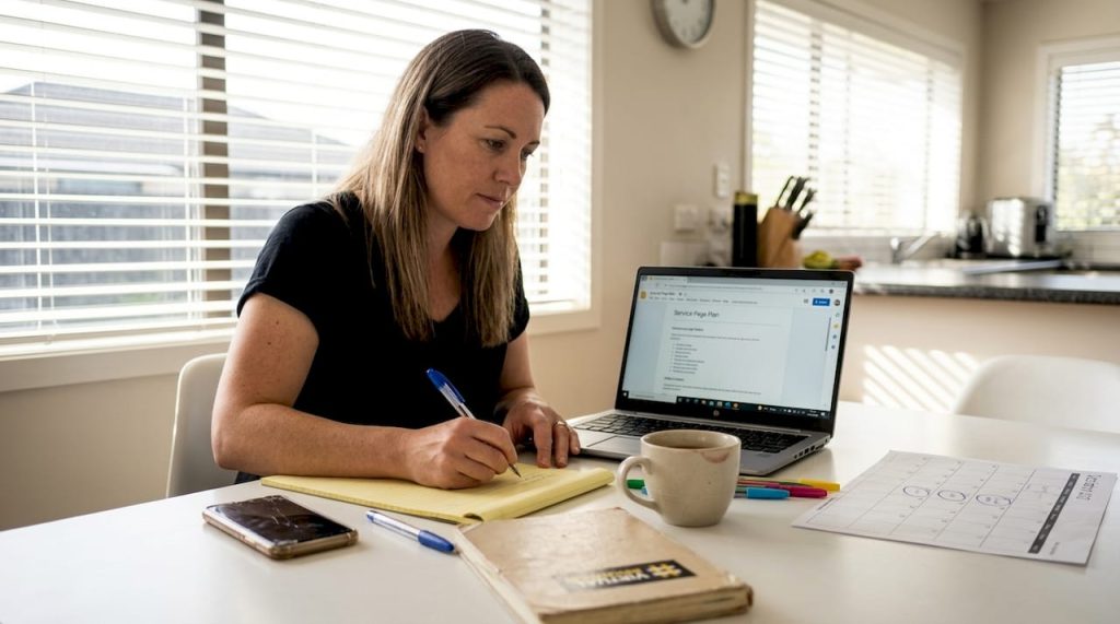 Business owner planning service page in kitchen