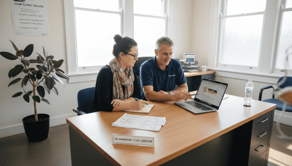 Clinic staff and designer discuss new website
