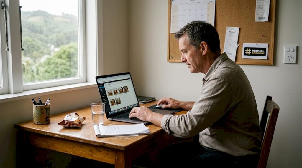 Business owner updating website photos in home office