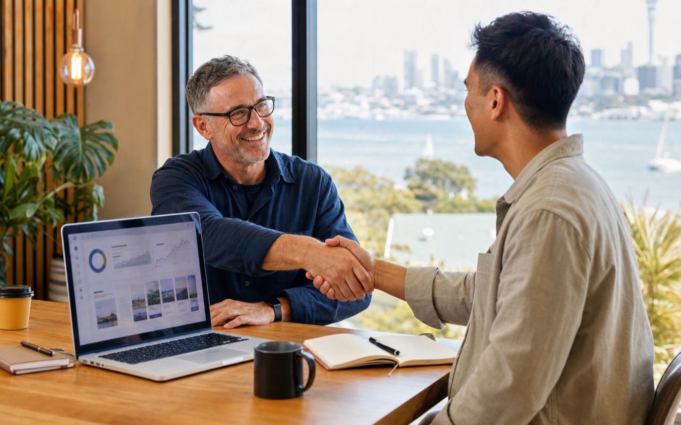 A successful New Zealand web agency owner completing a friendly business handover in an Auckland office