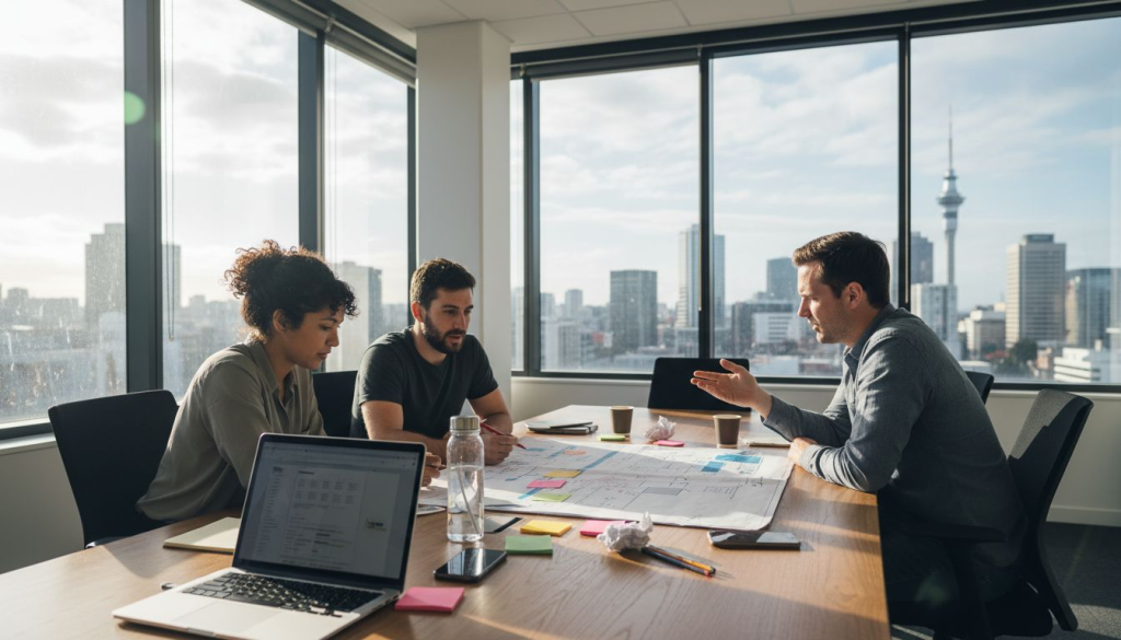 Team planning website content in NZ office