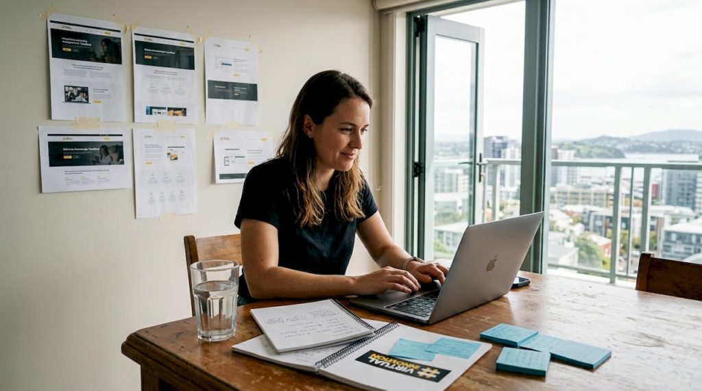 Person creating homepage hero section at kitchen table
