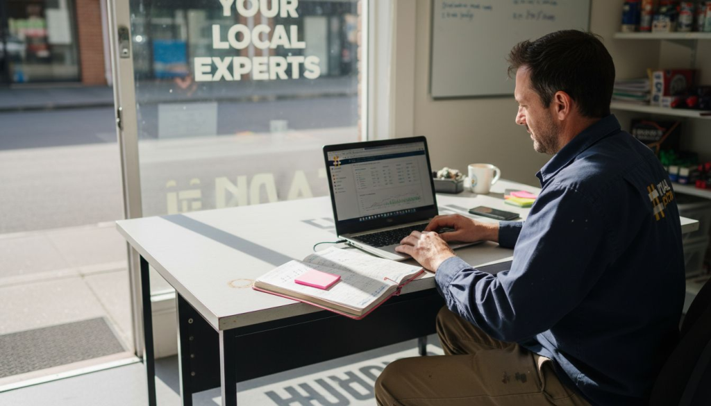 Small business owner checks website stats in office