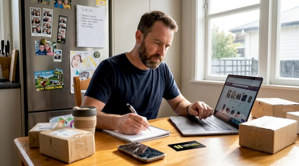 Business owner working on e-commerce website at kitchen table
