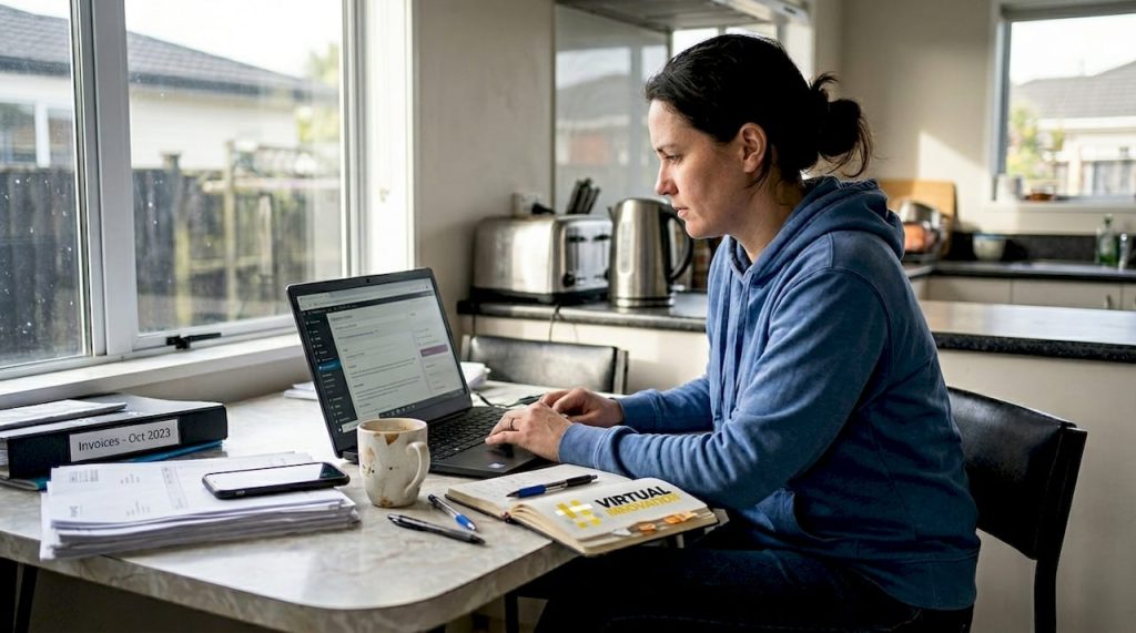 Business owner updating website in home office