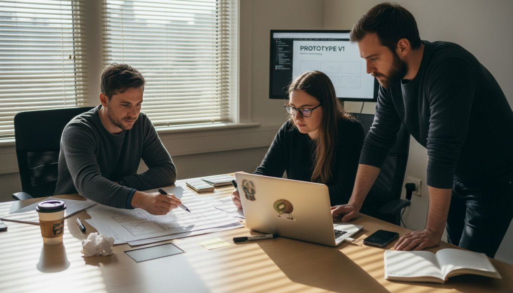 Web designers meeting over paper website prototype