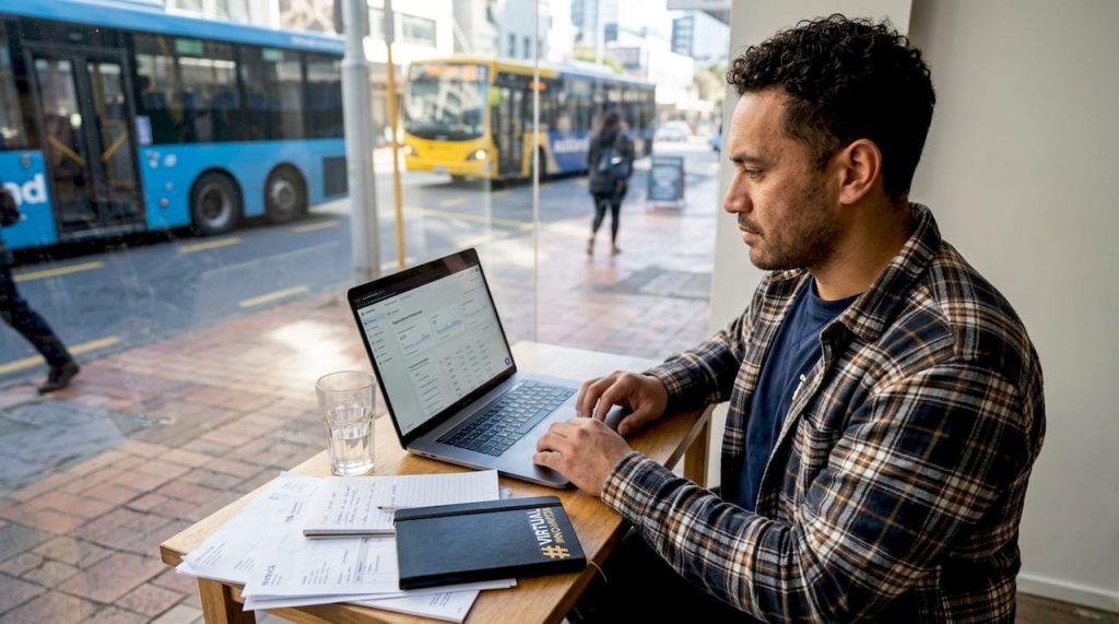 NZ business owner updating website at glass storefront