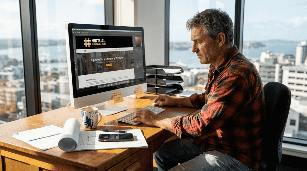 Builder updating company website at sunny desk