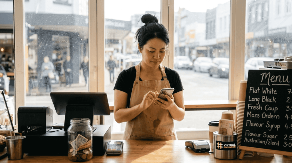 Café owner checking website on smartphone