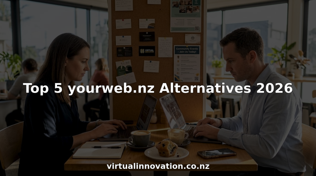 Two professionals comparing web agency options in café