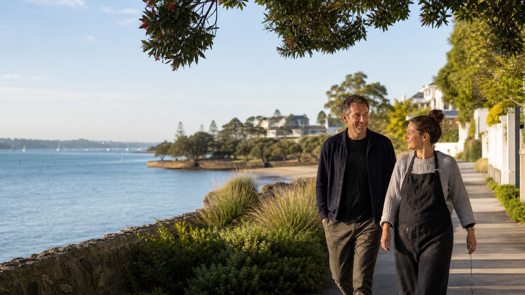 Two Auckland business owners walking beside Ōrākei waterfront and pōhutukawa trees