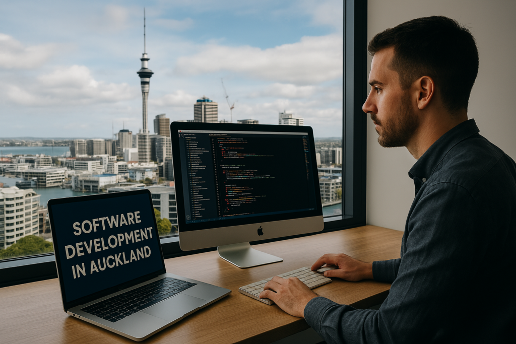 Software Developer in Auckland sitting at a desk with a computer and a window with a city view