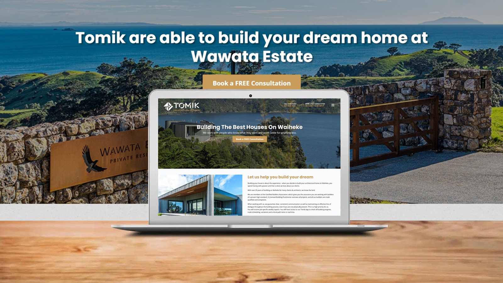 Tomik construction website and project guide displayed on a computer