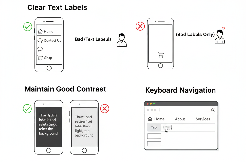 Web Design Image Accessible website menu with clear text labels and strong color contrast