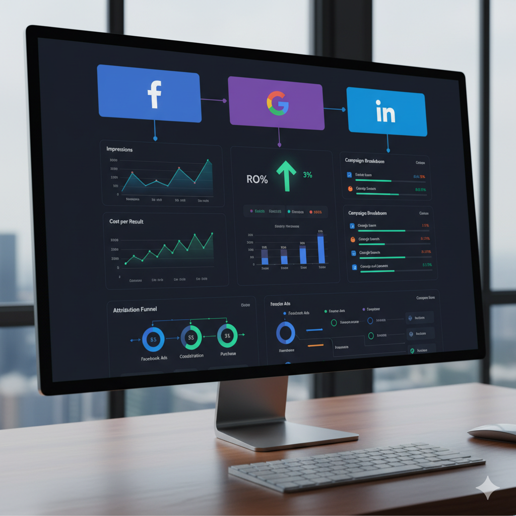 Web Design Image Ads and analytics dashboard tracking Facebook, Google, and LinkedIn campaigns